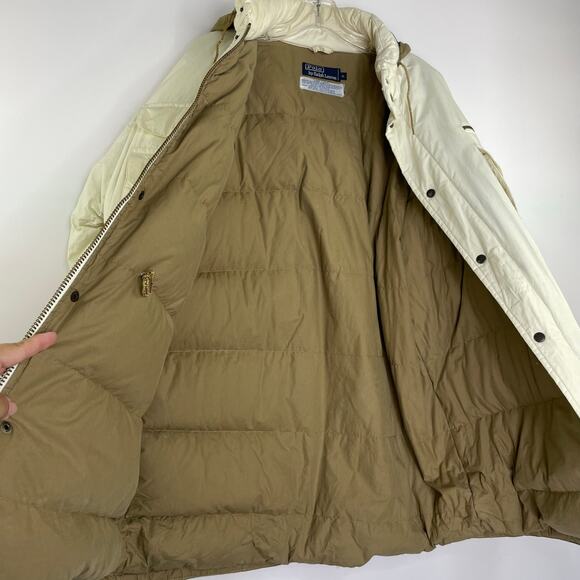 VTG Polo by Ralph Lauren Ivory tan hooded puffer jacket down feather Men's XL - Picture 3 of 16